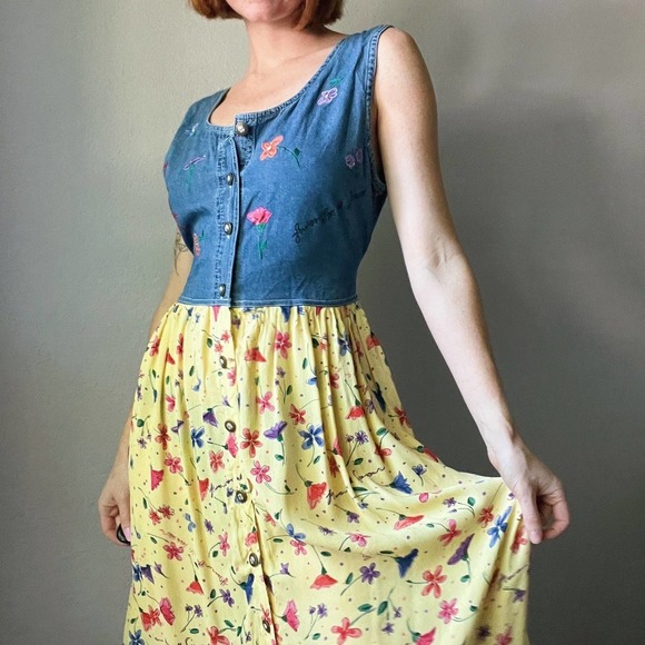 Vintage 1990s Denim + Yellow Floral Flowy Button Up Maxi Dress - Picture 1 of 6